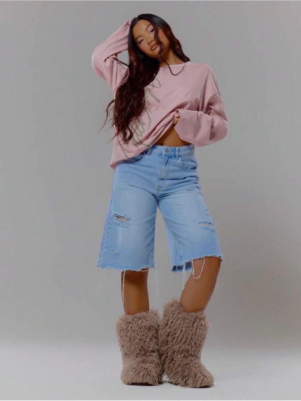 Light Wash Knee-Length Denim Jorts